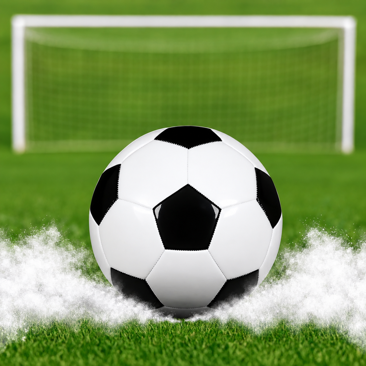 Gender reveal soccer ball kicking up pink powder on grass